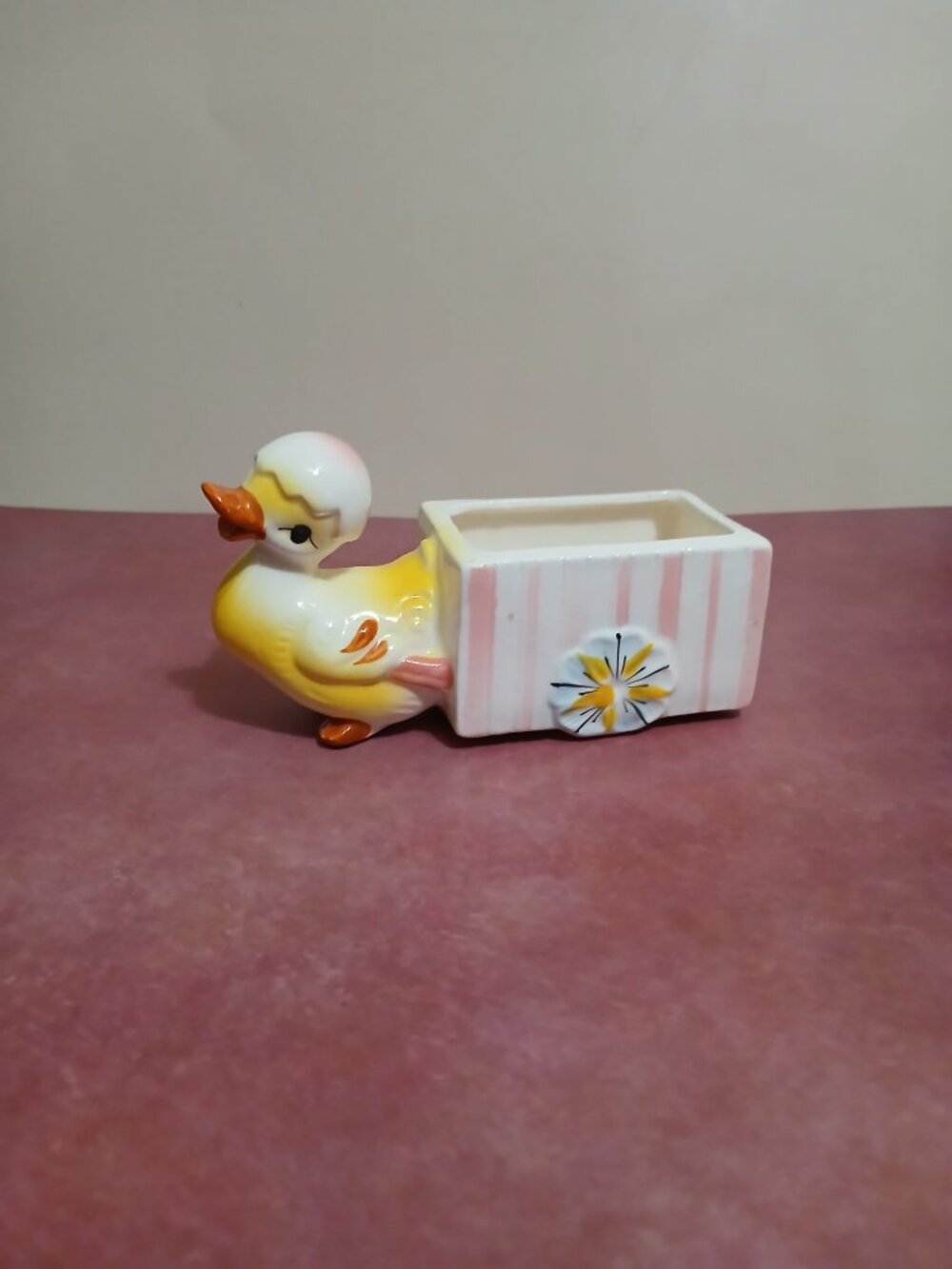 Mid-Century Planter/Trinket Dish-Duck Pulling a Wagon-Pastel Colors - Picture 2 of 7